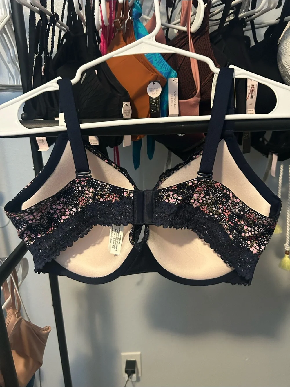 Victoria's Secret Navy Bra with Pink Floral Print and Lace Trim